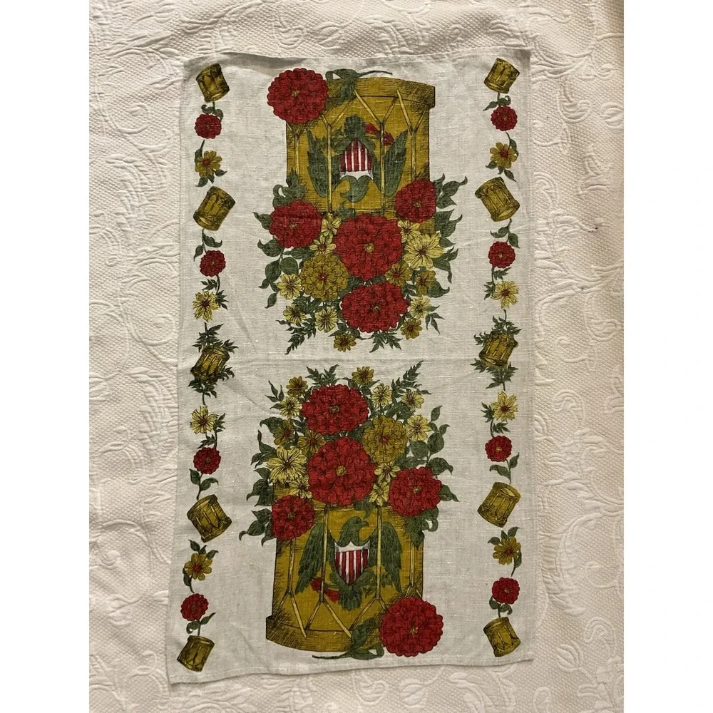 Vintage Colonial Parisian Eagle Drum Line Tea Towel Floral Bouquet Americana NEW